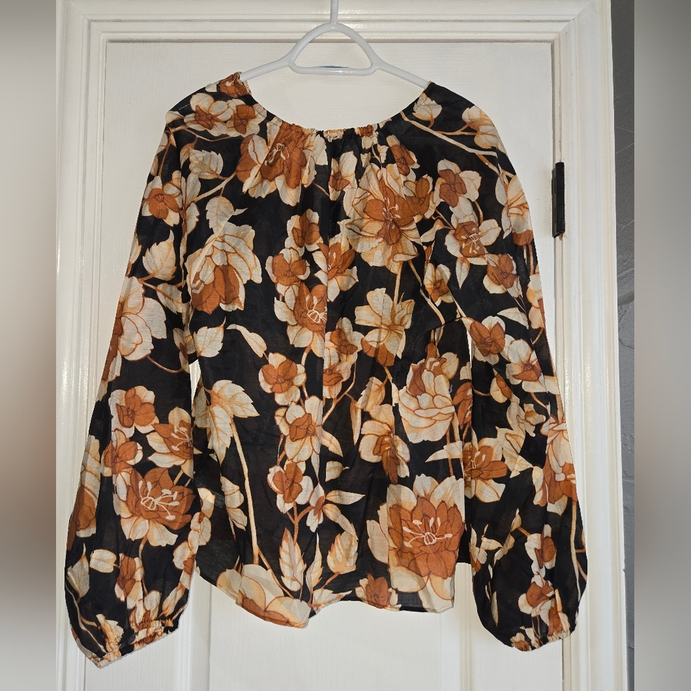 NWT Express Floral Peasant Blouse in Black and Cream and Burnt Orange Size L - Picture 7 of 7